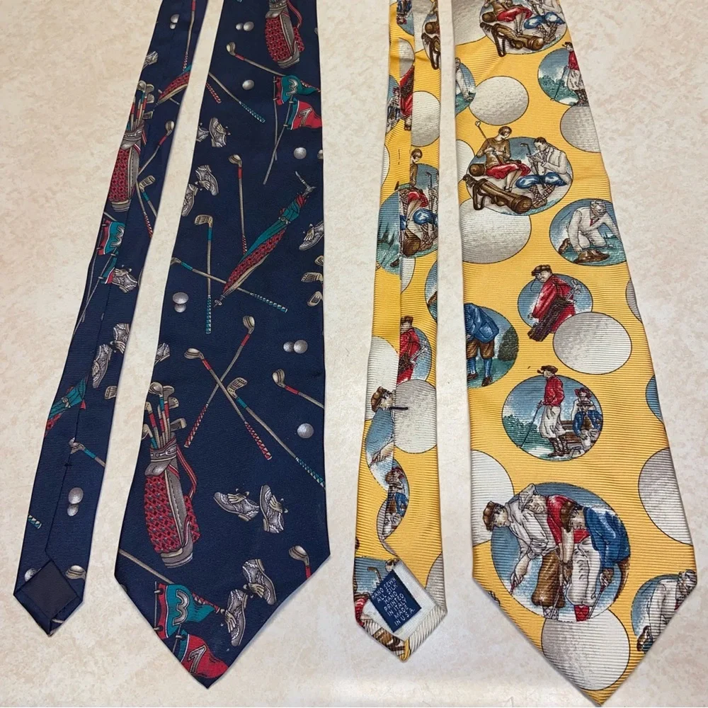 Vintage Prestige Jos. A. Bank Lot of 2 100% Silk Neck Ties USA Made Golf Golfing
